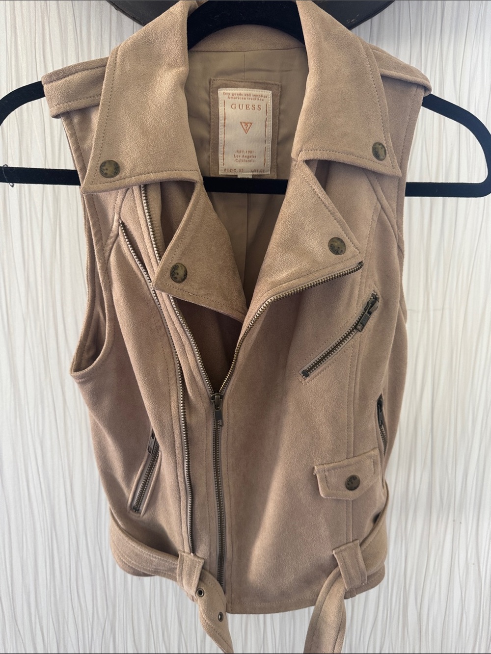 GUESS Taupe Suede Moto Vest with Belted Waist
